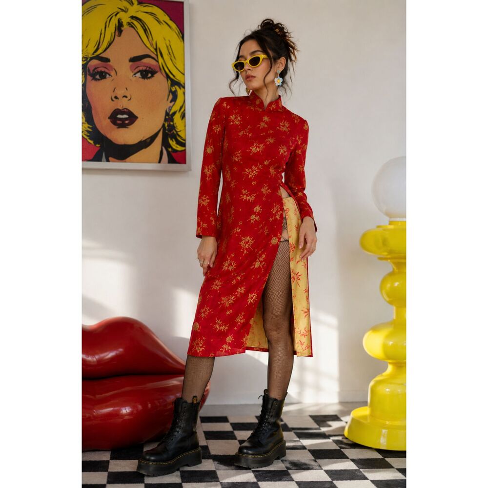 Vintage Red Gold Mandarin Collar Dress | Asian Inspired  colorful summer